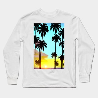 Summer Sunset Palm Trees Beach Ocean Artistic Paradise Long Sleeve T-Shirt